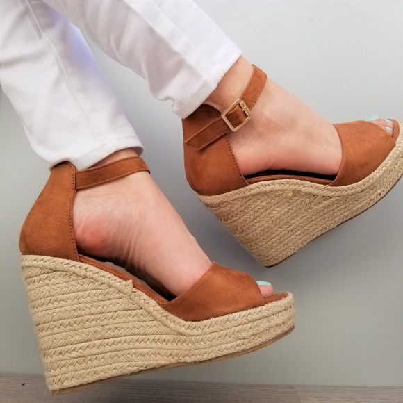 Tan Suede Espadrille Wedge Heel Sandals-E - Picture 7 of 8